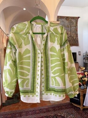 Green Elephant, Ear, Print Rayon Blend Button Down Shirt